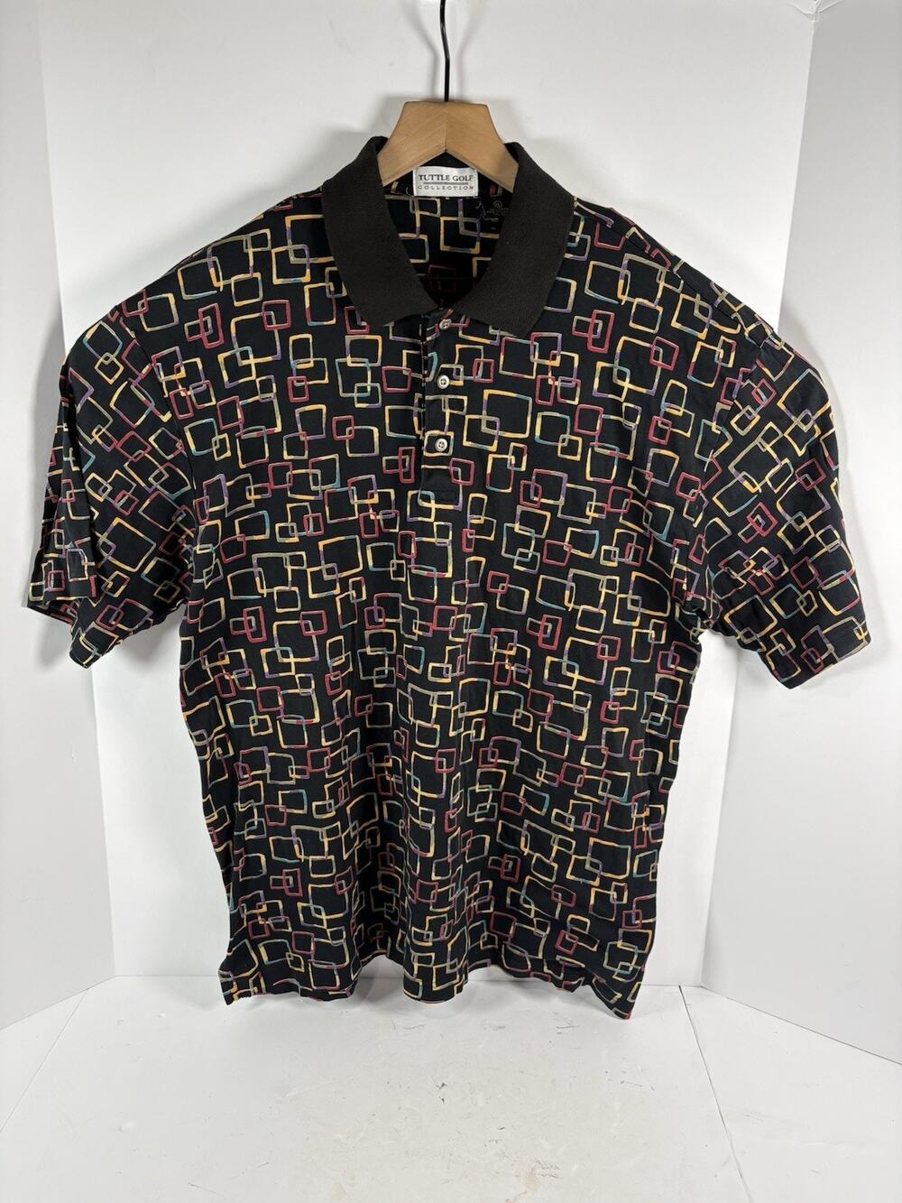 Vintage Tuttle Golf Collection Mens XL Black Geometric Polo Shirt Hong Kong 90s